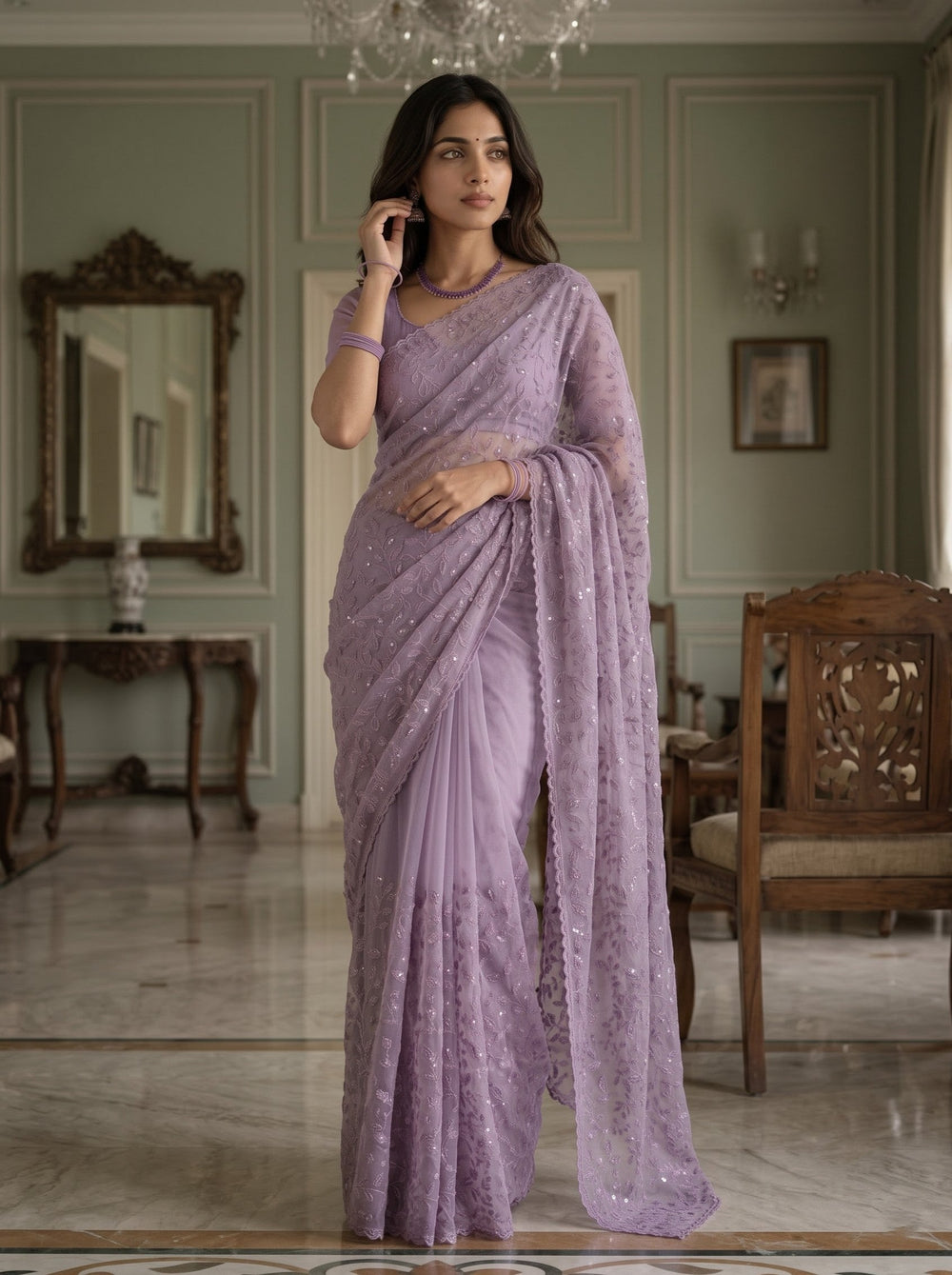 Organza Mauve Saree Self-Tone Vine Design with Sequin Work