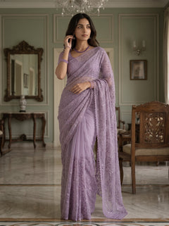 Organza Mauve Saree Self-Tone Vine Design with Sequin Work