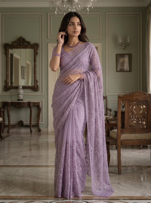 Organza Mauve Saree Self-Tone Vine Design with Sequin Work