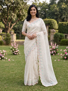 Organza Off White Pastel Rose Embroidered Scalloped Border Saree