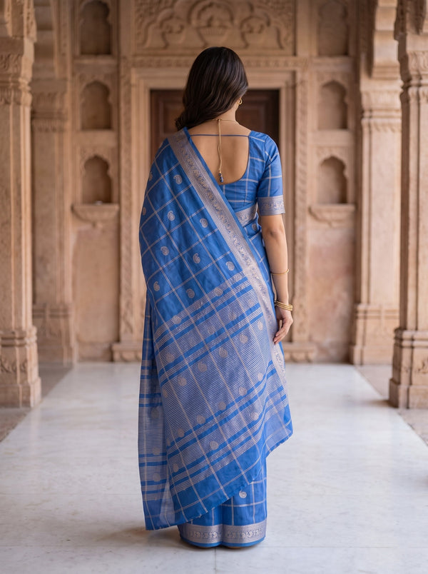 Semi Silk Blue Golden Paisley Border Saree