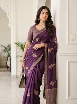 Semi Tussar Purple Floral Butta Zari Saree