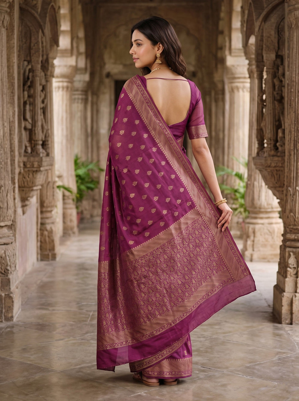 Banarasi Silk Plum Golden Zari Buti Motif Saree
