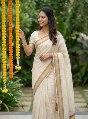 Cotton Cream Check Violet Golden Zari Border Kerala Saree