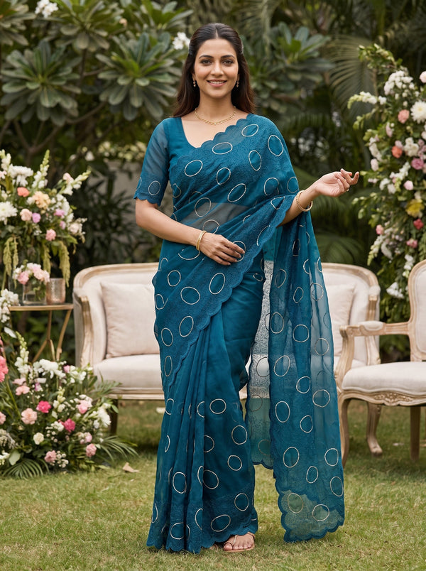 Organza Peacock Blue Zari Circle Motif Squiggle Embroidered Saree