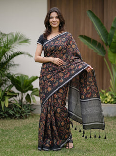 Linen Saree in Black with Kalamkari-Style Multicolor Floral Print