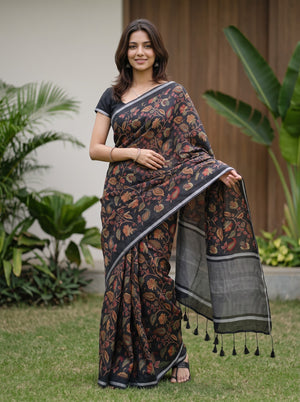 Linen Saree in Black with Kalamkari-Style Multicolor Floral Print
