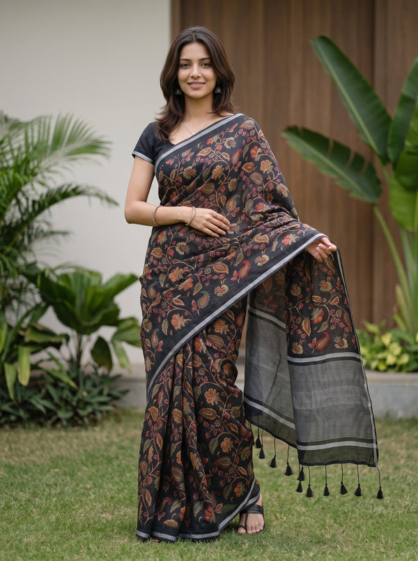 Linen Saree in Black with Kalamkari-Style Multicolor Floral Print