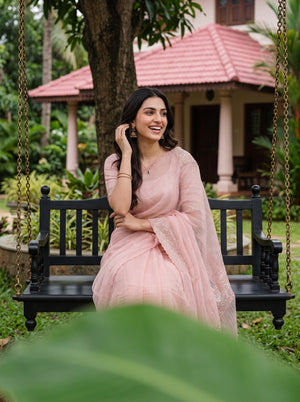 Organza Blush Pink Saree with Sequin Border and Scalloped Edge