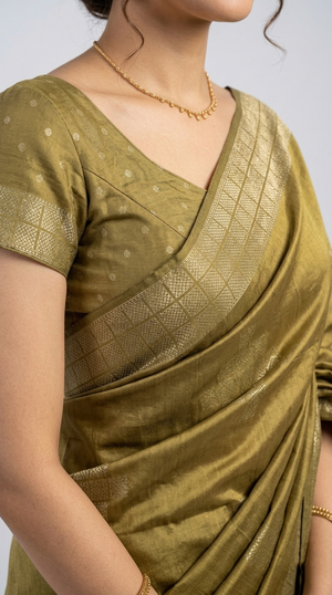 Art Silk Olive Green Traditional Zari Design Saree