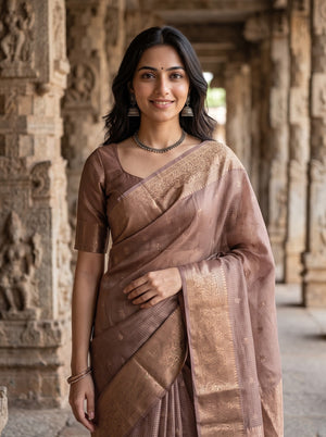 Tussar Silk Brown Saree with Zari Checks and Butta Pallu