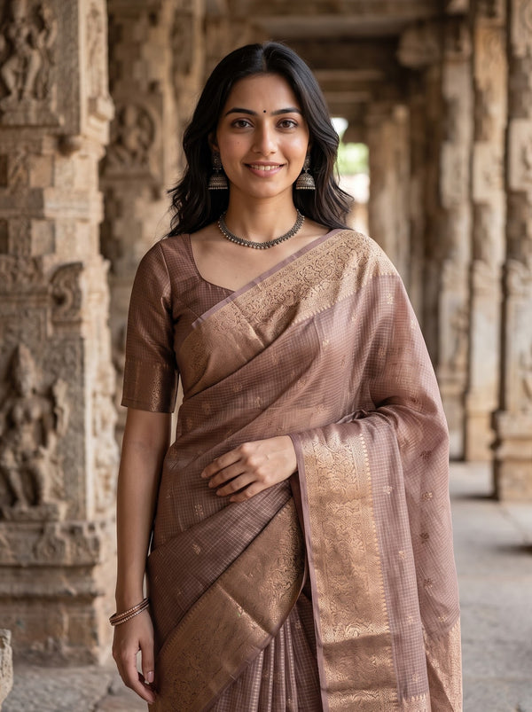 Tussar Silk Brown Saree with Zari Checks and Butta Pallu