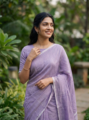 Pure Linen Lavender Saree with Silver Pinstripe Pallu