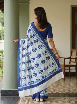 Cotton White Saree with Navy Blue Floral Motif Printed Pallu
