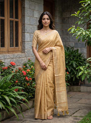 Linen Mustard Yellow Woven Texture Saree with Golden Striped Border and Tassels