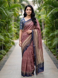 Pure Chanderi  Maroon Geometric Print Navy Border Saree
