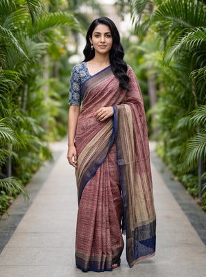 Pure Chanderi  Maroon Geometric Print Navy Border Saree