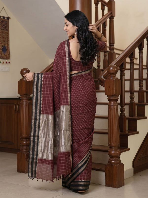 Cotton Silk Maroon Checked Black Border Saree