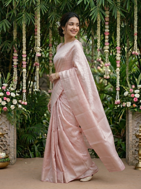 Kanjivaram Blush Pink Saree with Self-Tone Floral Booti Weave & Satin Border
