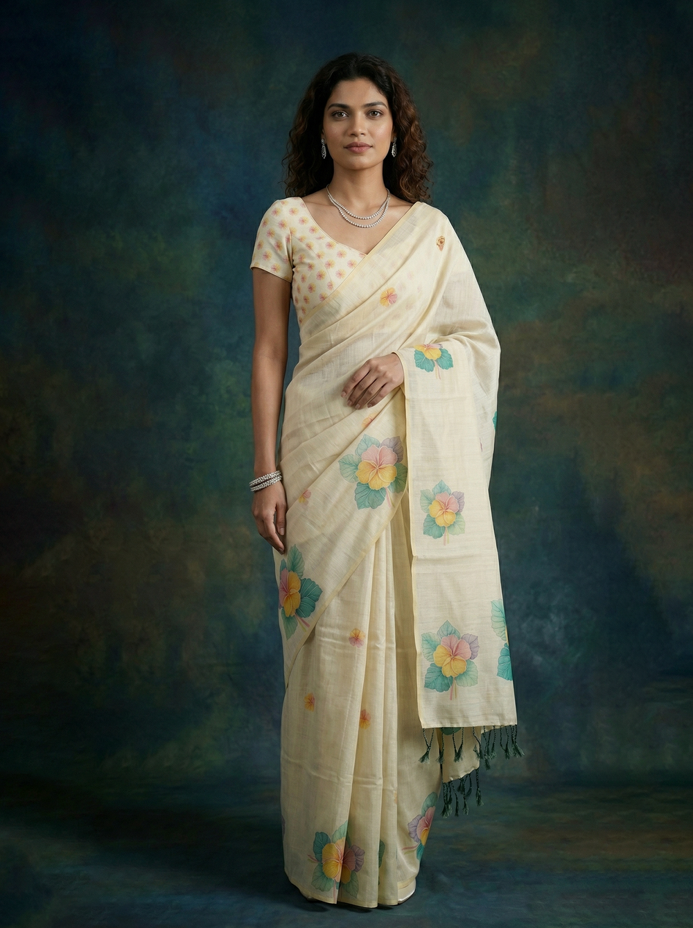 Tissue Silk Cream Watercolor Floral Print Set Saree with Tasseled Border