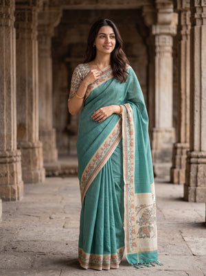 Semi Tussar Teal Green Lotus Fish Print border Saree