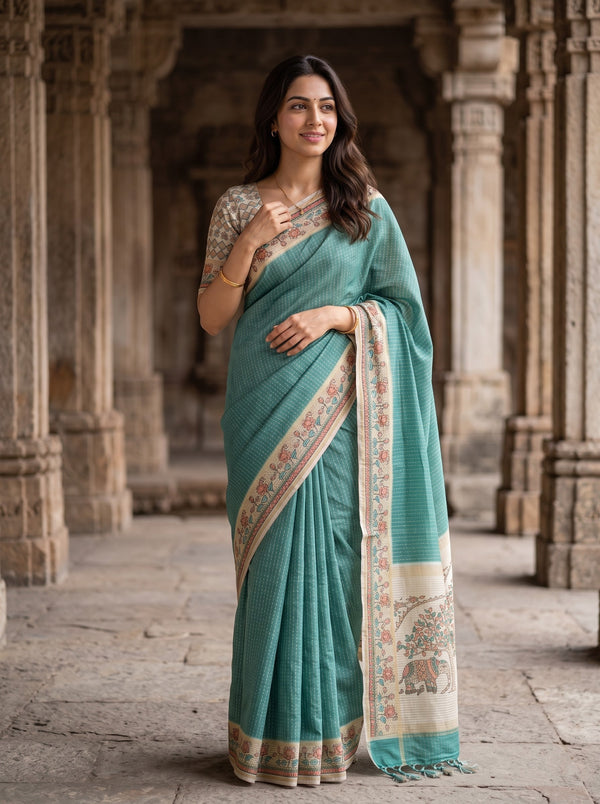 Semi Tussar Teal Green Lotus Fish Print border Saree