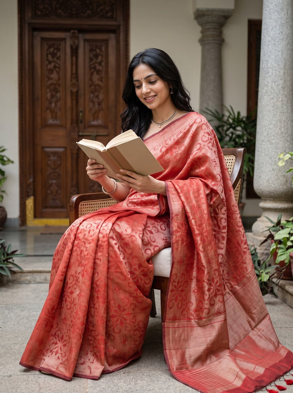 Matka Silk Red Golden Zari Floral Motif Striped Pallu