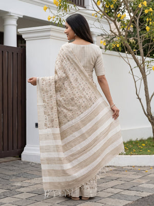 Chanderi Cotton Beige Tribal Beaded Print Saree with Striped Pallu and Tassels