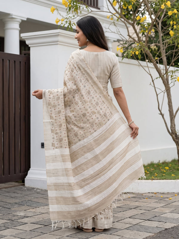Chanderi Cotton Beige Tribal Beaded Print Saree with Striped Pallu and Tassels