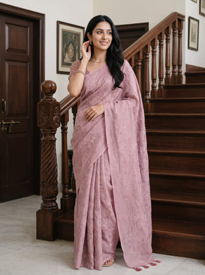 Linen Rose Pink Glitter Shimmer Saree with Self-Tone Swirl Texture and Tassels