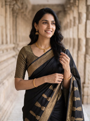 Banarasi Black Zari Floral Arch Pallu Saree