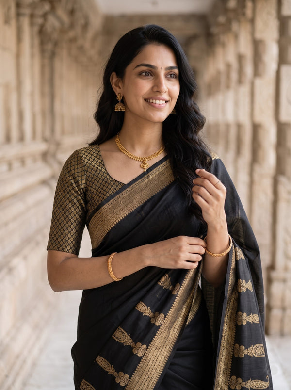Banarasi Black Zari Floral Arch Pallu Saree