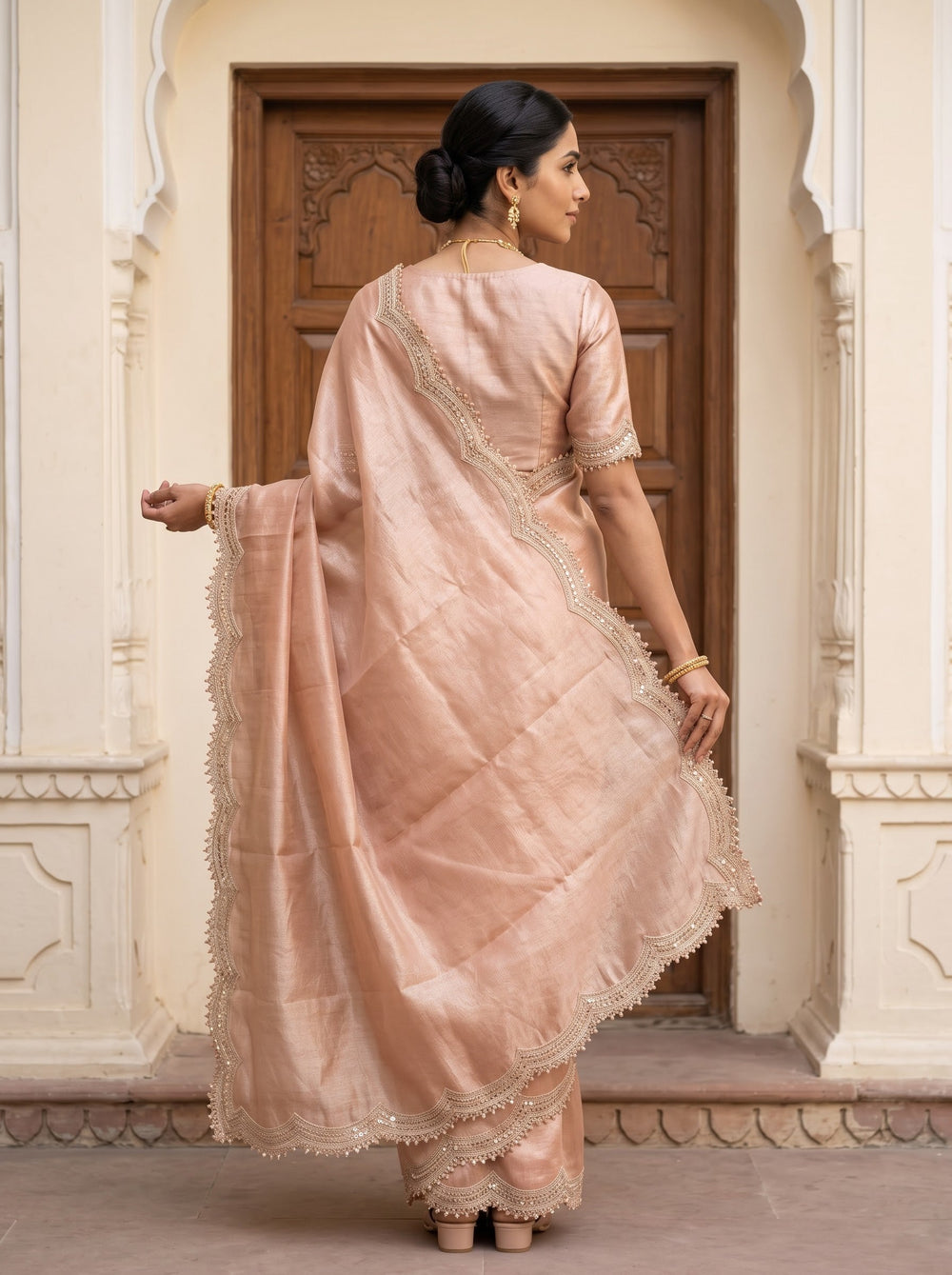 Tissue Peach Saree with Scalloped Sequin Lace Border