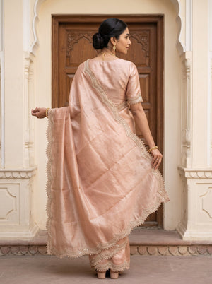 Tissue Peach Saree with Scalloped Sequin Lace Border