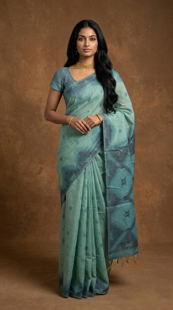 Woman wearing a green saree with a brown background