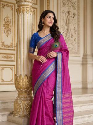 Semi Silk Magenta Pink Golden Pinstripe Saree with Blue Zari Border