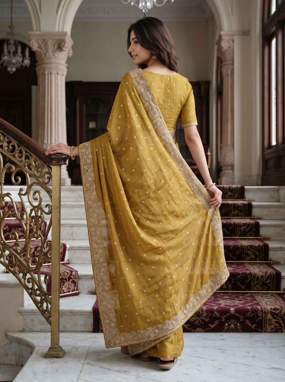 Chiffon Mustard Golden Stone Embellished Floral Border Saree