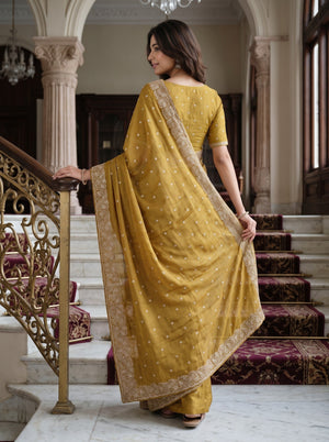 Chiffon Mustard Golden Stone Embellished Floral Border Saree