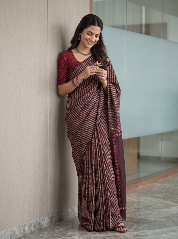 Modal Wine Red Batik Medallion Triangle Border Saree