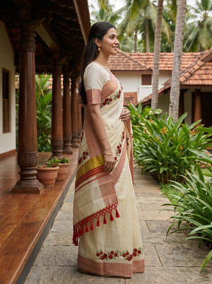 Tissue Cream Red Rose Floral Border with Copper Zari Border Onam Special Kerala Saree