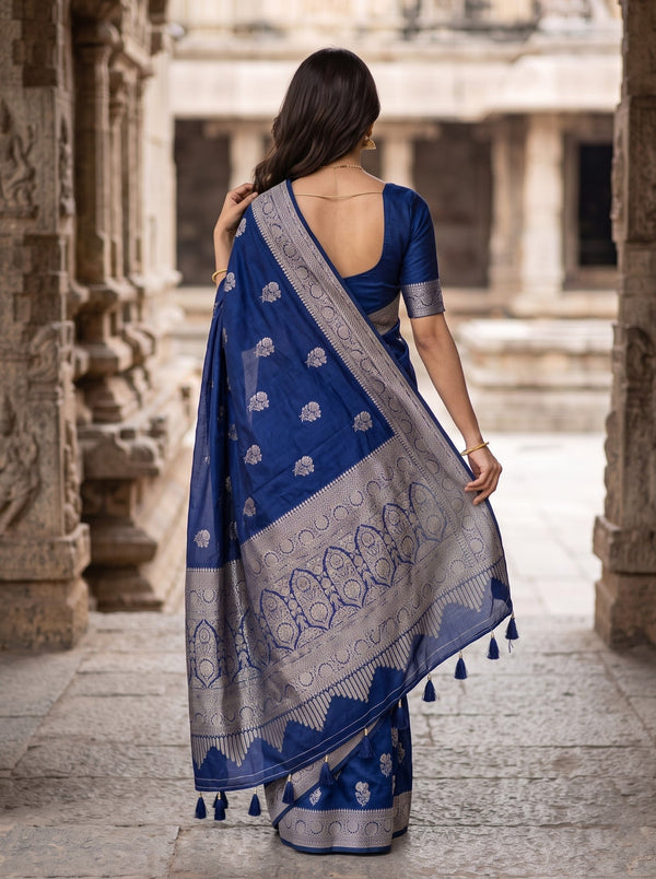 Banarasi Navy Blue Zari Floral Arch Pallu Saree