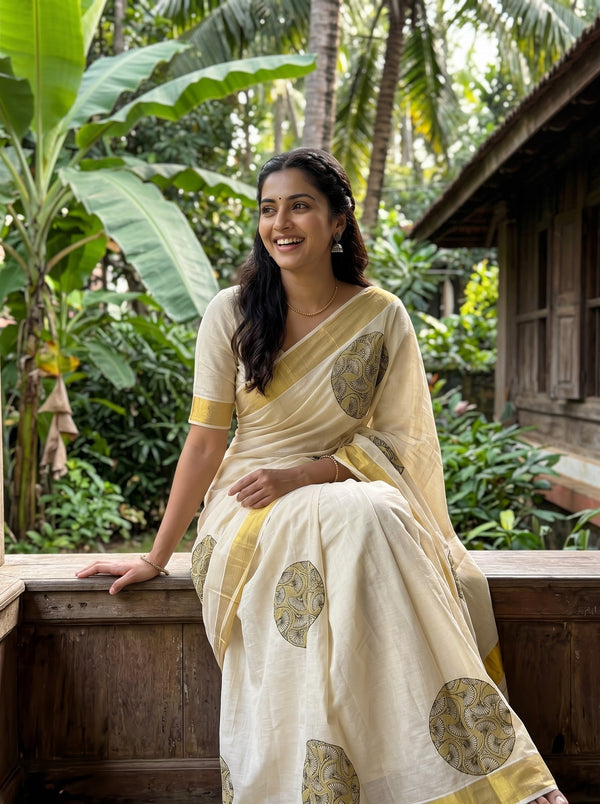 Tissue Cream Gold Circular Ginkgo Leaf Print Onam Special Kerala Saree