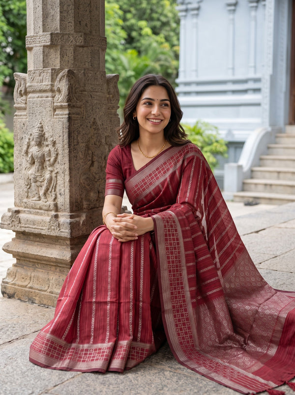 Matka Silk Red Golden Pinstripe Circular Floral Medallion Pallu
