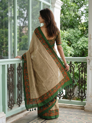 Cotton Beige Saree with Green and Orange Floral Motif Print