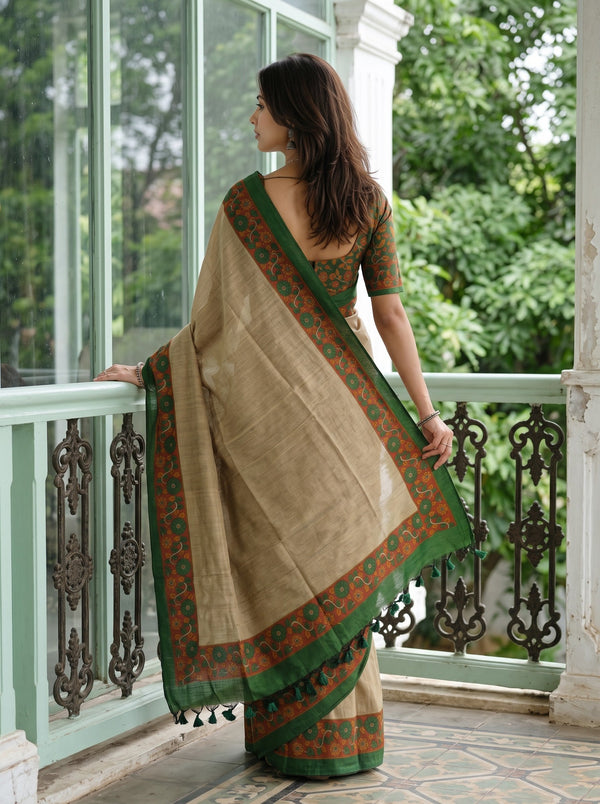 Cotton Beige Saree with Green and Orange Floral Motif Print