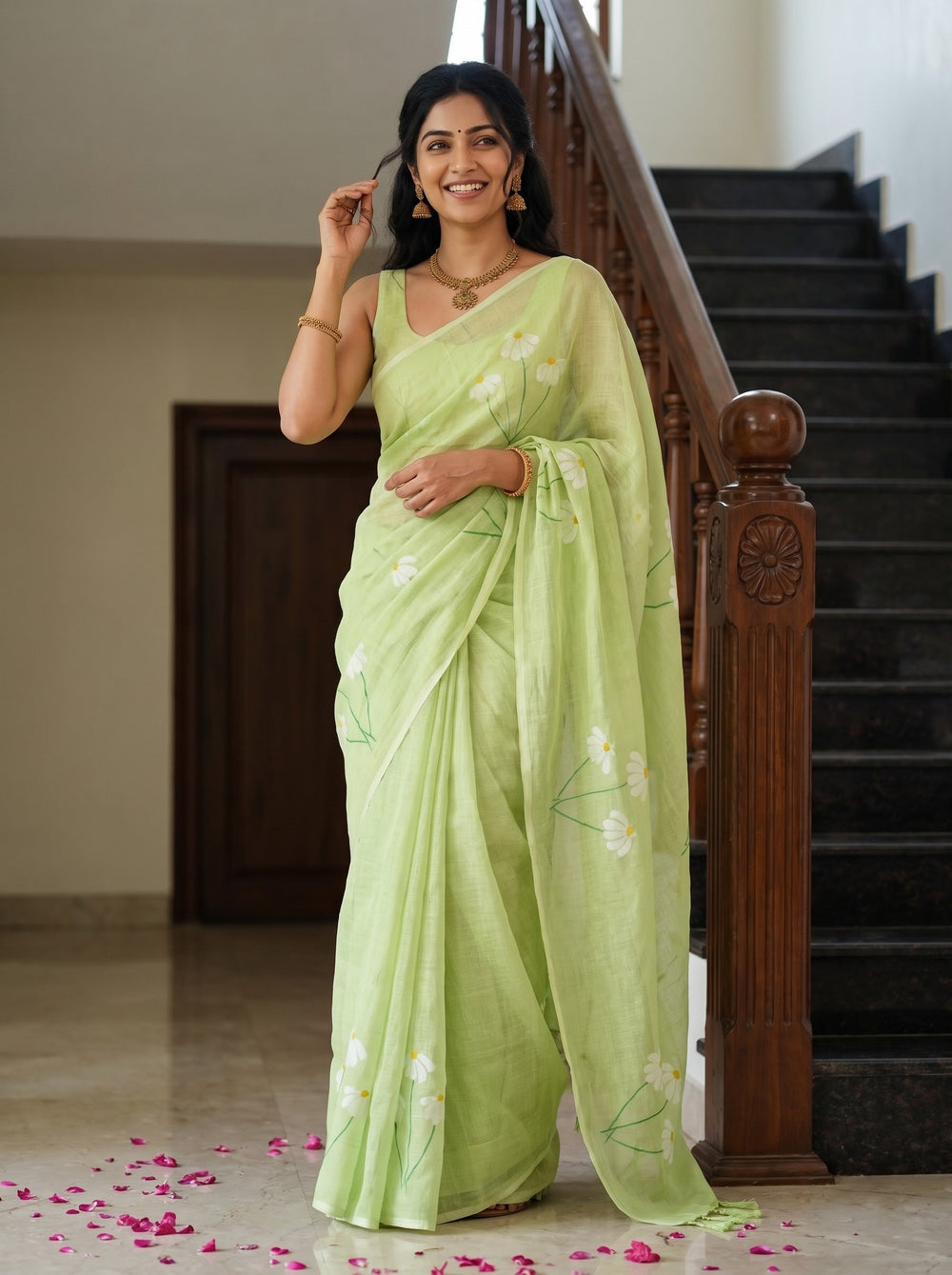 Cotton Light Green Saree with White Daisy Flower Print