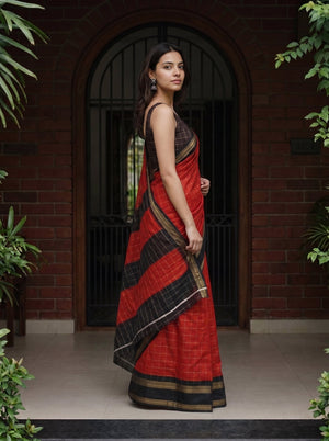 Synthetic Red Checked Saree with Black Golden Border