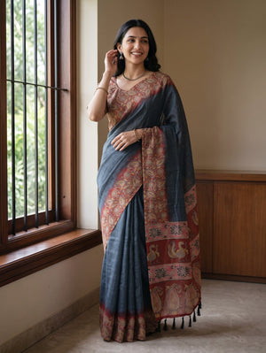 Cotton Charcoal Grey Saree with Paisley Printed Pallu and Peacock Motifs
