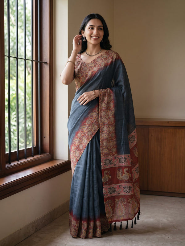 Cotton Charcoal Grey Saree with Paisley Printed Pallu and Peacock Motifs