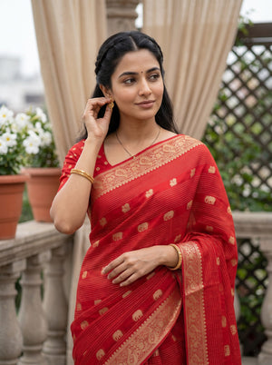 Semi Georgette Banarasi  Red Gold Zari Elephant Motif Paisley Border Saree